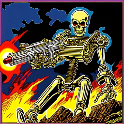 90's TCG art retro fantasy art of skeleton robot firing machine gun