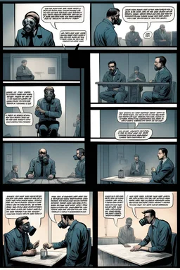 a page divided into 6 rectangular panels, each with different views of a man strapped to a chair and being interrogated by a man standing with a gas mask on, lower and higher perspectives, front and back, overhead light, suspenseful torture graphic novel, comic book
