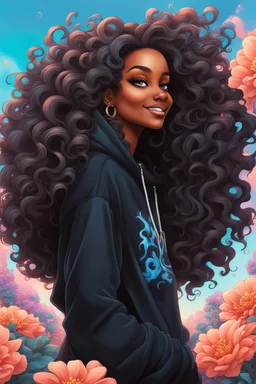 vibrant psychedelic urban culture image, airbrush, 48k, cartoon art image of a black curvy female looking to the side smiling with a large mane of curly ombre hair flowing through the wind while she has a black hoodie on, prominent makeup with hazel eyes, highly detailed hair, background peach and light blue flowers surrounding her, dystopian