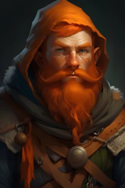 Realistisches Bild von einem DnD Charakters. Männlicher Zwerg mit orangenen Haaren. Er ist ein Jäger mit einer Kapuze auf dem Kopf.