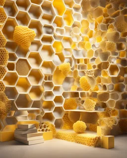 irtual photo wallpaper with honeycombs, a beautiful yellow background, false windows and bright pseudo-lights and spots on the walls, display shelves for products