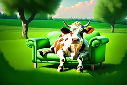 A cow sitting on an armchair in large green field , soft colors. Photorealistic