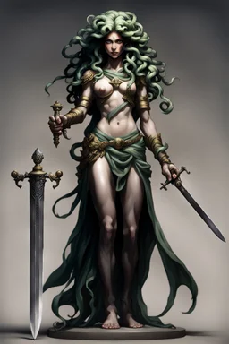 full-length persona, detailed, sword in hand, gorgon medusa