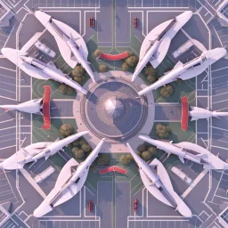 Vista aérea simétrica de un aeropuerto en forma de hormiga, espectacular, impactante, calidad ultra, maximalista, 8k 3D