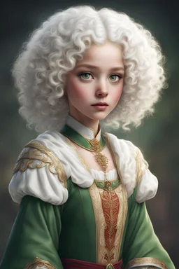 young girl, with snow white curly hair, green eyes, dressed in elegant epic diplomatic tunic