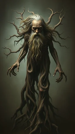 Bosch painting style nightmare, a man with legs looks like tree roots , his head is old with long hair and beard, dramatic sad scene, fantasy,