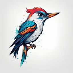 The picture is a minimalist and abstrakt drawing, on a pure white background. using vivid colors. On a white background for the tattoo. Peeping cuckoo with an open beak and tilted head, with a long tail.