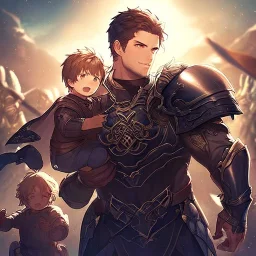 Boy wearing leather armor with family