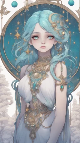 A beautiful girl with glowing starry eyes. And with turquoise hair decorated. And full body. Holds 10 glowing glass beads with a moon inside .girl void. full body Glowing golden eyes and white hair. Standing on a land of water embellished with sapphires and ornate trees. And beautiful buildings. And a sky full of star