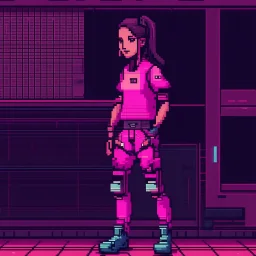 A pixel art cyberpunk version of the best football predictor master pundit soccer champ master female cool beautiful pink