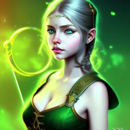 Halfling, woman, adventurer, green eyes, magic, Lilith, smooth, lyre, bard, full body