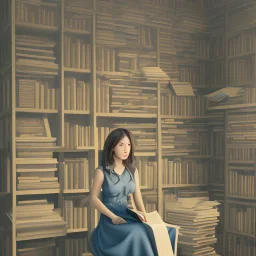 As the music begins, a young woman sits alone in a dimly lit room, surrounded by stacks of dusty books and papers. She looks lost in thought, her eyes fixed on a single spot on the wall as she listens intently to the low-quality recording on the tape player in front of her.