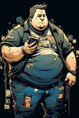 fat boy, , , cyberpunk, holding a cellphone, comic book art style, geek, engineer, t-shirt, jeans, drug addict, ,