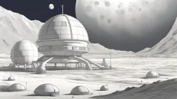 sketch drawing of tranquility base colony on the moon, sci fi futristic dome structure with oxygen tank and farms. moon base.