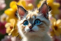 closeup, sharp focus, cute faced happy bioluminescent mohair fantasy steampunk animal cat creature, needle felt, big shiny blue eyes S<AI in sunshine, flower pattern background