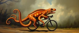 master oil painting by Rembrandt, cat octopus orc fish salamander running marathon with a bike