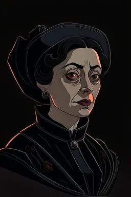 A portrait of a 40-years old aristocrat woman from XV century in strict dark clothes, authoritative, cold, emotionless, in the style of Genndy Tartakovsky's cartoons, uncovered head