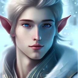 Semi-realism, high fantasy, attractive male, winter theme, pointed elf ears, soft facial features, light blue hair, short shoulder length straight hair, ice blue eyes,