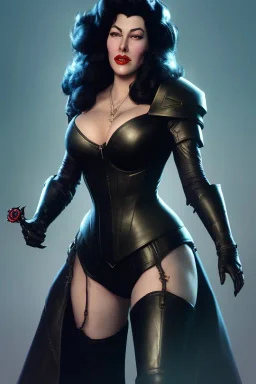 Ava Gardner as evil queen in black leather, busty, cleavage, curvy, angry, stern look. character design by cory loftis, fenghua zhong, ryohei hase, ismail inceoglu and ruan jia. unreal engine 5, artistic lighting, highly detailed, photorealistic, fantasy