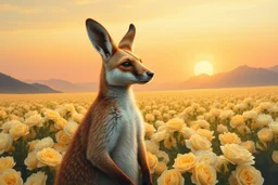 oil paint, kangaroo fox mother nature in A vast, tranquil landscape bathed in the golden glow of a spring sunset, with a sea of white roses stretching across sharp mountain hills under a soft, pastel-colored sky. The flowers sway gently in a soft breeze, creating a vibrant, dream-like ocean of yellow against the serene background. close up on a natural beauty face A solitary figure, perhaps a poet or dreamer, stands in awe at the beauty, their presence almost blending with the natural scene