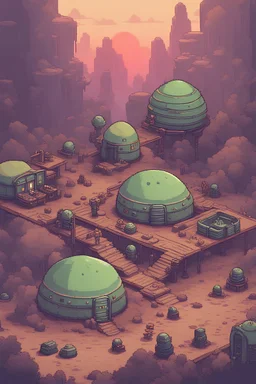 A pixel art environement for a platformer video game. A alien camp on earth, after the invasion.