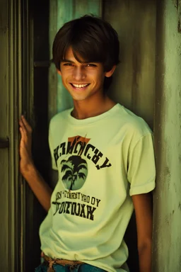 15 year old young boy with lightly tanned skin and brown hair wearing a teeshirt, standing by a door, smiling, dark fantasy