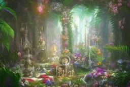 love, high contrast, Tropical flowers,heart drawing, crystals, tropical leaves, sacred altar, Fantasy temple,