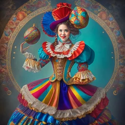 Estilo Barroco . La Artista del Circo: Una malabarista talentosa y encantadora que realiza acrobacias asombrosas. Lleva un traje colorido y utiliza su destreza para distraer y entretener al público.