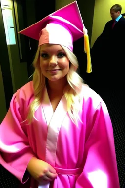 Een dom blondje die haar dokterdiploma heeft gekregen dankzij CHATGPT. Straalt domheid uit. Haar graduation outfit is volledig roze.