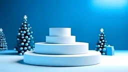 White Stage podium on blue christmas background with copy space, Blank platform for xmas product presentation