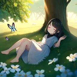 tiny anime girl sleeping in the distance, laying down in a field of flowers, underneath a willow tree, with a butterfly on her nose, hand detail looks human