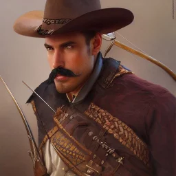 portrait,"Insanely detailed photograph of a male western mustachioed crossbowman", detailed charro, sequenced Sombrero, detailed held dagger, digital painting, artstation, concept art, smooth, sharp focus, illustration, art by artgerm and greg rutkowski and alphonse mucha, 8 k,fantasy, unreal engine