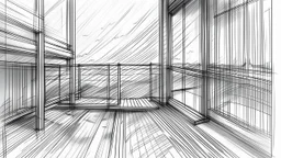 sketch lines, A glass sliding door leading to a wooden deck with a stormy sky visible outside, pencil drawing