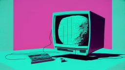 synth-wave, man no head, with monitor as head, iconic:1.8),