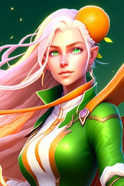 fantasy setting, woman ranger traveler with orange and white hair, pastel green eyes, kind, soft facial traits