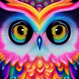 lisa frank style with an owl huge eyes with rainbow inside them small girl crying