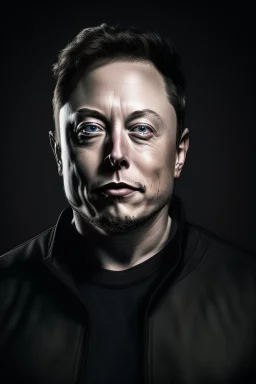 Portrait of Elon musk, scary cyborg face, metal plate checks and forehead, one red eye