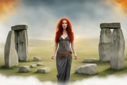 Full body shot of a tall slim red-headed young woman, dressed like a gipsy, standing in front of Stonehenge in a flaming circle