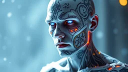 His pale skin was etched with cyberglyphs, glowing cold under the harsh white light. The intricate tattoos wrapped around his body were more than ink; they pulsed with bioelectric currents, connecting him to the frozen grid of the BioSludge Cartel. Eyes of neon frost scanned the void, cold and calculating, yet bored with the endless repetition of decay. Every symbol on his skin told a story of forgotten cities and abandoned experiments, while his chilled breat