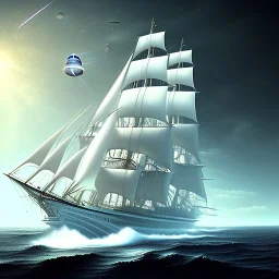 Clipper ship under full sail with alien spaceship above