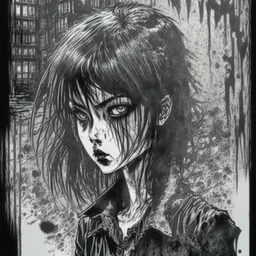 create a disturbing horror full body pen and ink sketch of a dark haired, savage, gothpunk vampire girl with highly detailed , sharply defined hair and facial features, in a dark, otherworldly London in the style of Junji Ito, precisely drawn, inked, with dramatic edges,