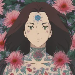 perfect long-haired woman, red hair, perfect red eyes, full face tattoo of flower art and trees extending past face and morphing into galaxy, 8k resolution, high-quality, fine-detail, intricate, digital art, volumetric lighting