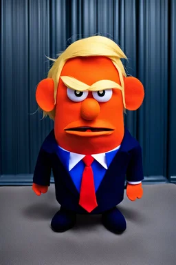 a Film Photograph of a realistic angry orange Donald Trump Muppet made of felt and foam wearing a dark blue suit and red tie and with blonde hair combover, he is old and angry with a round mouth