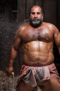 full figure shot photography of a furious wet chubby strong iranian sweaty 57 years old strong carpenter working hard in a construction site, under a huge water leak raining, in tank top and boxer, bulge, long beard, hairy chest, tattoo, long curly hairs, photorealistic, 32k, furious eyes, side lights, ambient occlusion, frontal view from the floor