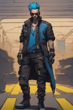 cyberpunk 2077 nomad driver wears wasteland style clothes with a blue and black. Spikey hair