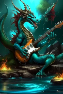 A Dragon water and dampf and play gitare and sit on a cair and have fire dragon is türkis and agresif