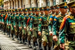 Soldiers marching in formation; military parade; Colorful uniforms; shouting;