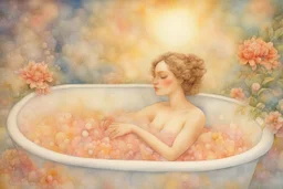 woman in bubblebath, wet on wet + sunrise, petals, watercolor patchwork by Daniel Merriam, Josephine Wall. elegant beautiful watercolor aquarelle