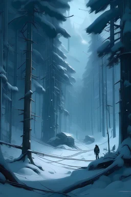 coniferous forest, winter, snow, cyberpunk