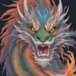 a colorful asian dragon with curly white fur, smokey breath, fire, claws, spikes along back, long tail, attaching